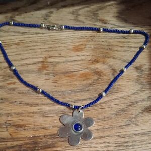 Blue Beaded Flower Pendant Necklace